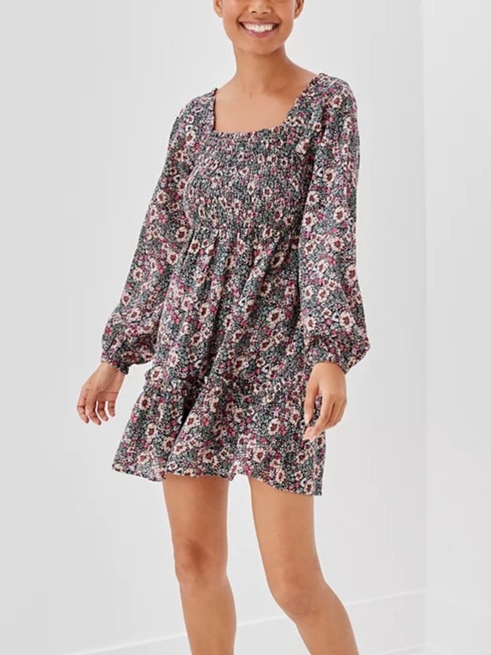American Eagle Smocked Square-Neck Floral Long Sleeve Mini Dress Peasant Lg Tall